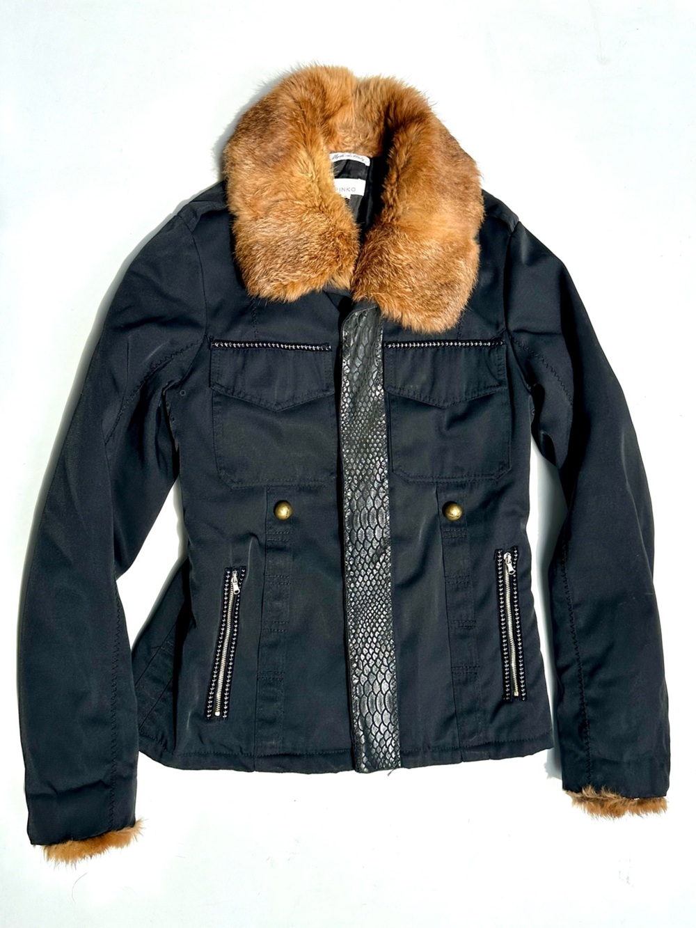 Pinko Women’s Black Jacket with Rabbit Fur Collar & Cuffs, S